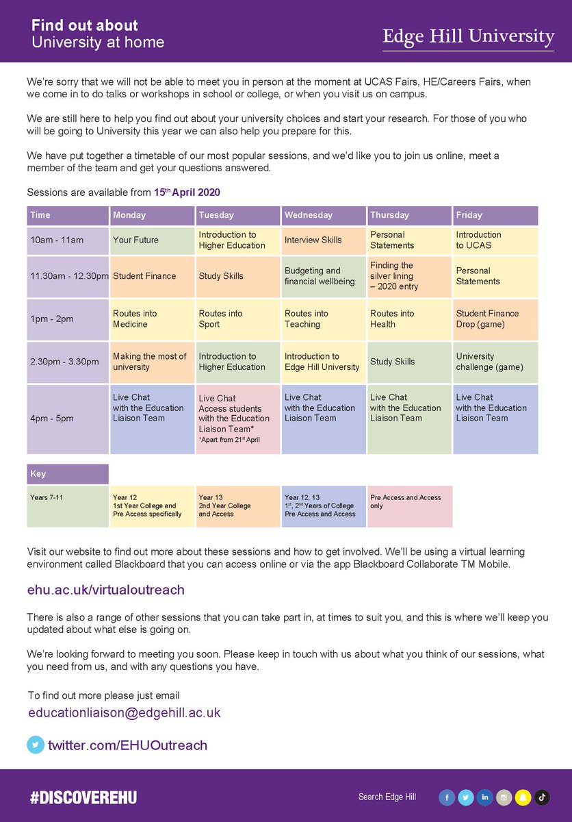 EHUOutreach's tweet image. On Wed 15th April we launch our &quot;Edge Hill University from Home&quot; 🎓

A variety of sessions, including a weekly timetable of virtual presentations, for Years 7-13 and Access students thinking about University

To find out more and to book onto a session 
⬇️
ehu.ac.uk/virtualoutreach
