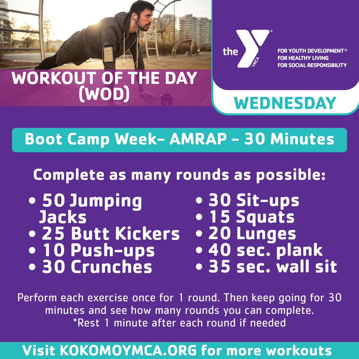 Happy Wednesday! We hope everyone is have a great week so far. Here is today's WOD. Remember we are doing boot camp week! ⏱️30 minutes- as many rounds as possible. Let us know how many rounds you complete! #stayhome #stayfit #staywithus