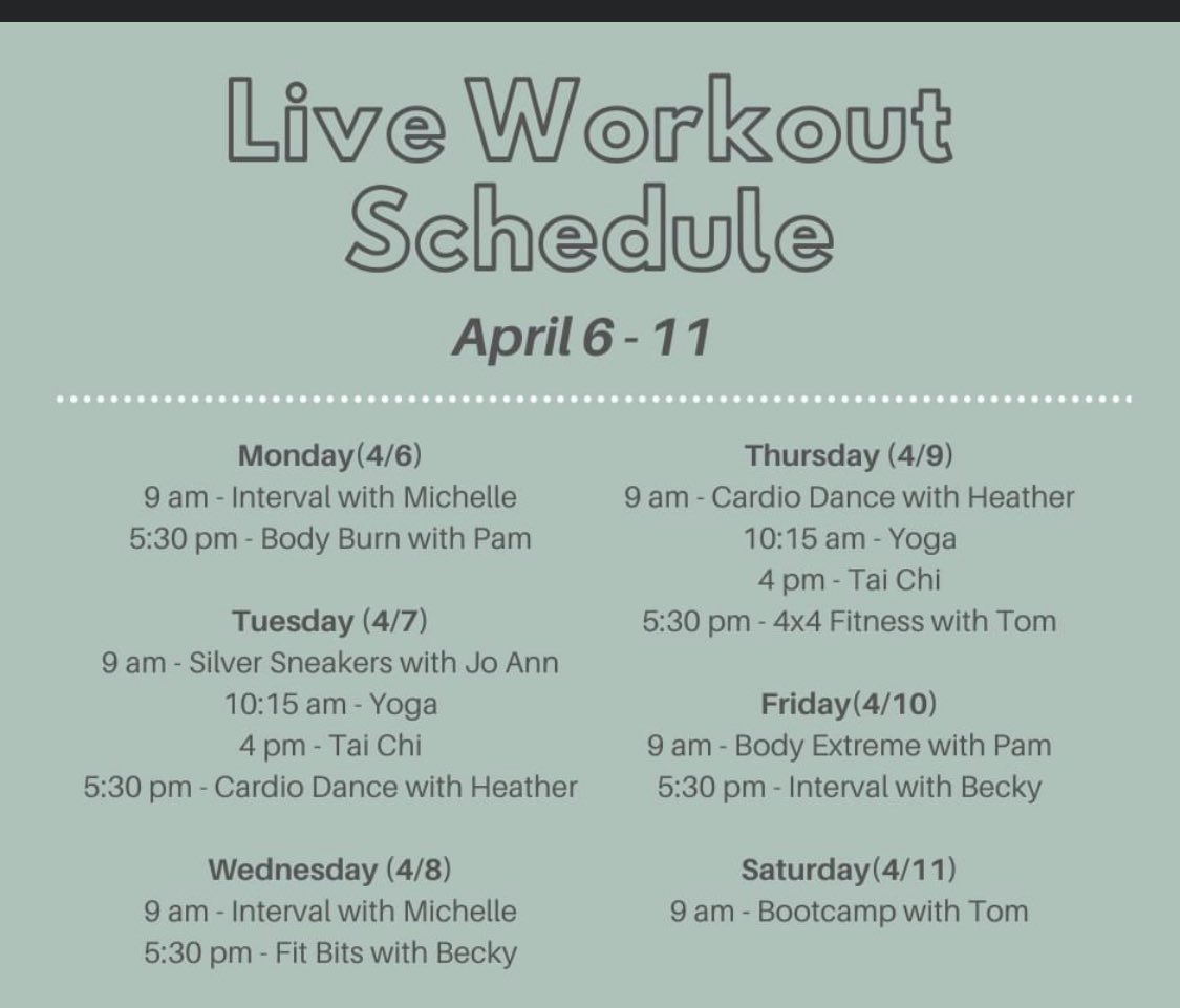 KathleenWack's tweet photo. Wellness Tip 22: 🏃🏻‍♀️Online workouts. Local fitness centers are posting live workouts, even for non-members. I had so much fun in Howard Long Wellness Ctr cardio dance class yesterday; my husband loves Ferns Healthplex. #WLUWellness #ThinkMoveConnect @WLActivities @WLCollegeofEdHP https://t.co/27zKxSTYZB