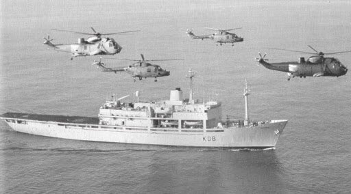 She was purchased outright in March 1984 for £18m by Harland & Wolff in Belfast for resale to the MoD as an Aviation Training Ship to replace RFA Engadine. The conversion would take 4 years and cost £45mFirst pic is Engadine, the second Contender Bezant is at the top of the pic