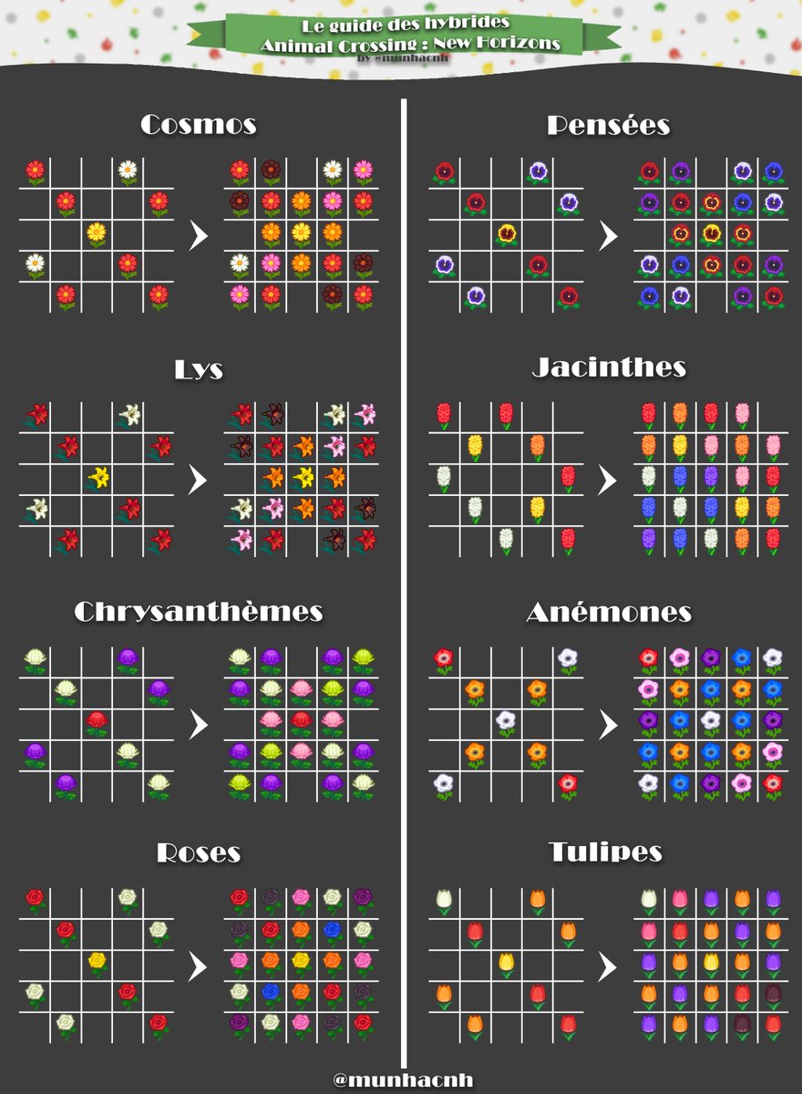 mwunh_'s tweet photo. GUIDE HYBRIDE #ACNH :
J'ai refait une affiche montrant comment obtenir les hybrides de la façon la plus optimisée possible en un carré de 5x5 !

Vous disposez comme sur le 1er tableau, et vous obtiendrez le second ! 
Lisez en-dessous je vous explique.
#AnimalCrossingNewHorizons https://t.co/66wD1uSANW