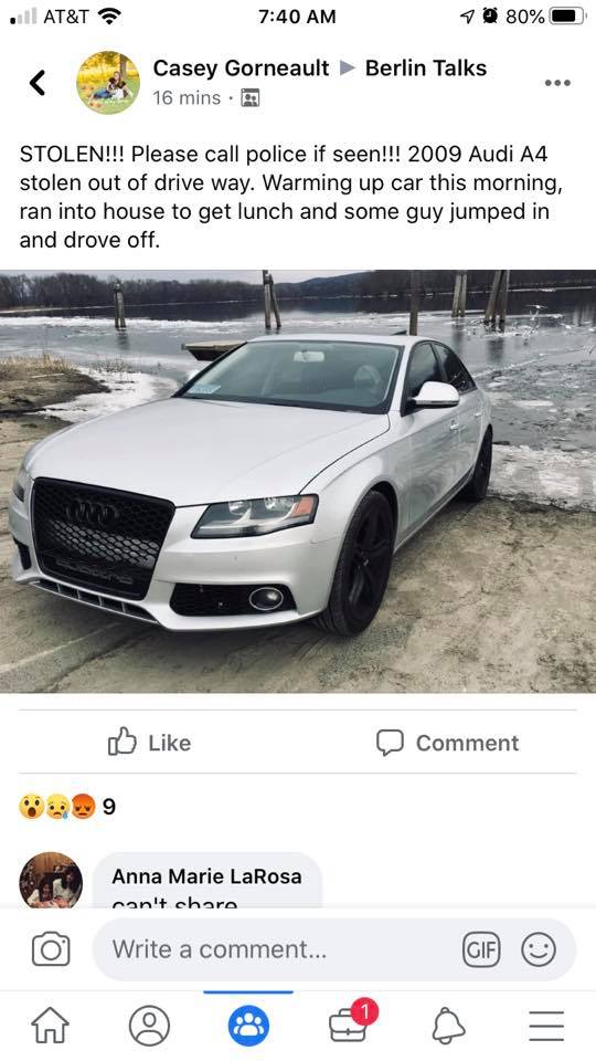 berlinctpolice's tweet photo. Last night, many residents reported their cars were entered (Four Rod Rd area).  The vehicle on the right was stolen from a driveway this morning.  Ofcs diligently patrolling neighborhoods at night but we need your help, lock doors, remove keys and valuables. #keepberlinsafe https://t.co/kokiR2IBO6