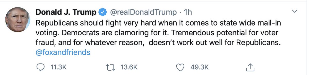 Trump, up for reelection, understands that wide-spread voting will doom his chances for reelection. He is signaling to Republicans to do what they can to stop state-wide mail-in voting.The problem for the GOP: Most states already allow mail-in voting.It works well.