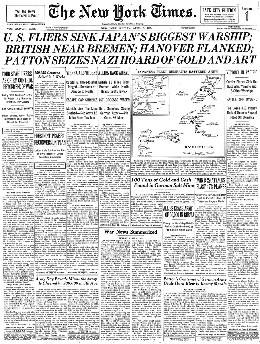 April 8, 1945: U.S. Fliers Sink Japan's Biggest Warship; British Near Bremen; Hanover Flanked; Patton Seizes Nazi Hoard of Gold and Art  https://nyti.ms/2UU5nUY 