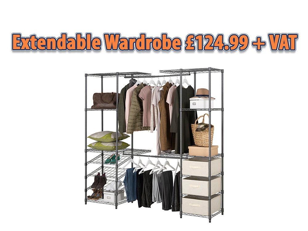 Do you need to organise your wardrobe?

Our Extendable Grey Wardrobe Clothes Rail With 3 x Cream Linen Pull Out Storage Baskets is the perfect solution.

High quality, heavy duty expandable open wardrobe.
10 storage shelves.
3 Tilted shoe storage racks - to hold 6 pairs of shoes.