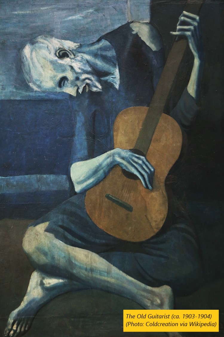 10/34 Now take a look at another Picasso, painted after the two above: What& #39;s diff? The colour has changed, no longer being realistic, leading to a change in mood. The figure is also more awkwardly posed.