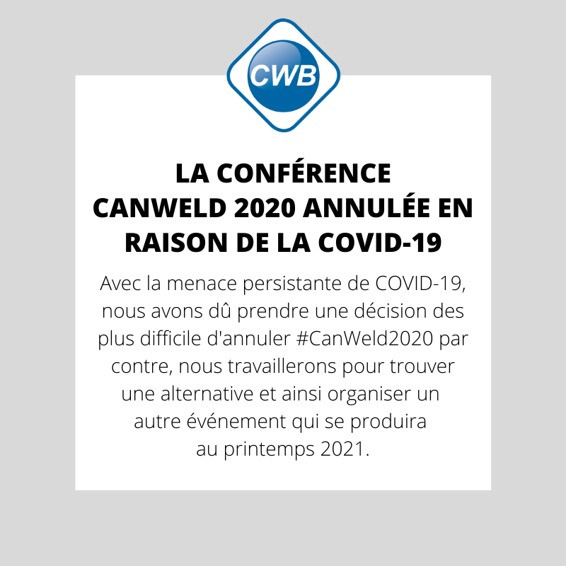 CanWeldCon's tweet photo. Avec la menace persistante de COVID-19, nous avons dû prendre une décision des plus difficile d'annuler #CanWeld2020 par contre, nous travaillerons pour trouver une alternative et ainsi organiser un autre événement qui se produira au printemps 2021.
https://t.co/PH4HYiZh72 https://t.co/3WaeP7NGYT