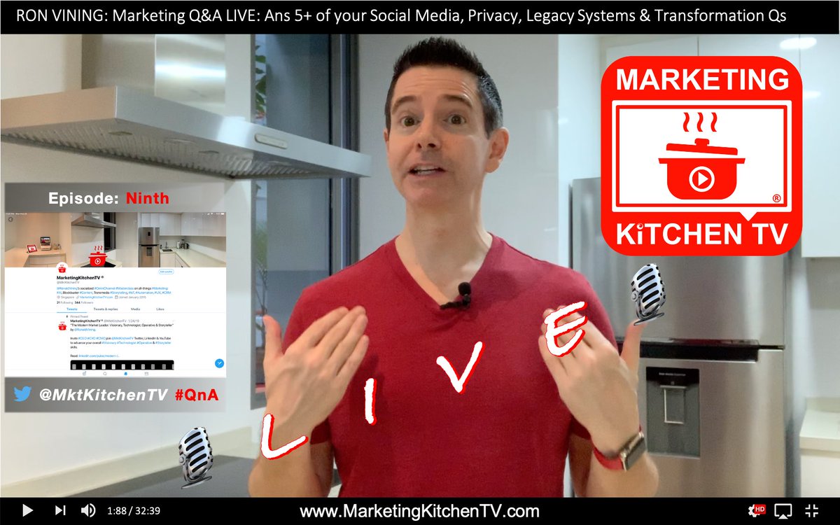 MarketingKitchenTV ® (@mktkitchentv) on Twitter photo 👨🍳 📺 Marketing #QnA LIVE!
Ninth <a href="/MktKitchenTV/">MarketingKitchenTV ®</a> episode of all-new, 2020 #Digital series... Ready for #Marketing host, <a href="/RonaldVining/">Ron Vining</a>, to Ans 5 More of your #SocialMedia, #Privacy, #LegacySystems, #Disruption & #Transformation Qs?
WATCH: youtu.be/ug9V6kx_R6Q 👨🍳 📺 Marketing #QnA LIVE!
Ninth <a href="/MktKitchenTV/">MarketingKitchenTV ®</a> episode of all-new, 2020 #Digital series... Ready for #Marketing host, <a href="/RonaldVining/">Ron Vining</a>, to Ans 5 More of your #SocialMedia, #Privacy, #LegacySystems, #Disruption & #Transformation Qs?
WATCH: youtu.be/ug9V6kx_R6Q