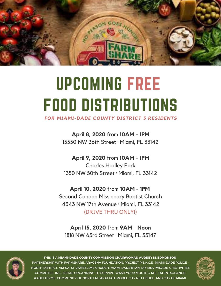 AudreyMEdmonson's tweet photo. Chairwoman Edmonson has teamed up with @FarmShareFL &amp; other organizations to provide free food distribution events to residents in Miami-Dade District 3. 

Note: April 10 event is drive-through only. Please make sure to bring your own canvas bag or box. #MiamiDadeD3 https://t.co/5PdvEcU9rw