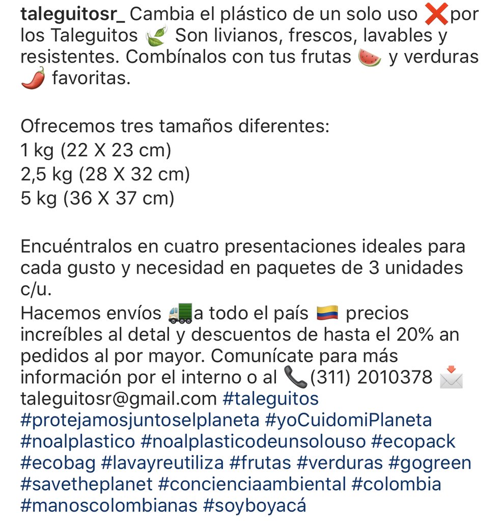 Soy_Boyaca's tweet photo. ¡Debemos abastecer nuestro hogar de manera responsable aportando al cuidado del medio ambiente!🌎
#Hoy recomendamos la empresa #Taleguitos, quienes ofrecen una opción sostenible♻️para el mantenimiento de los alimentos🥦🍉
¡#QuédateEnCasa y apoya a nuestras empresas boyacenses! https://t.co/vnMyVTztOx