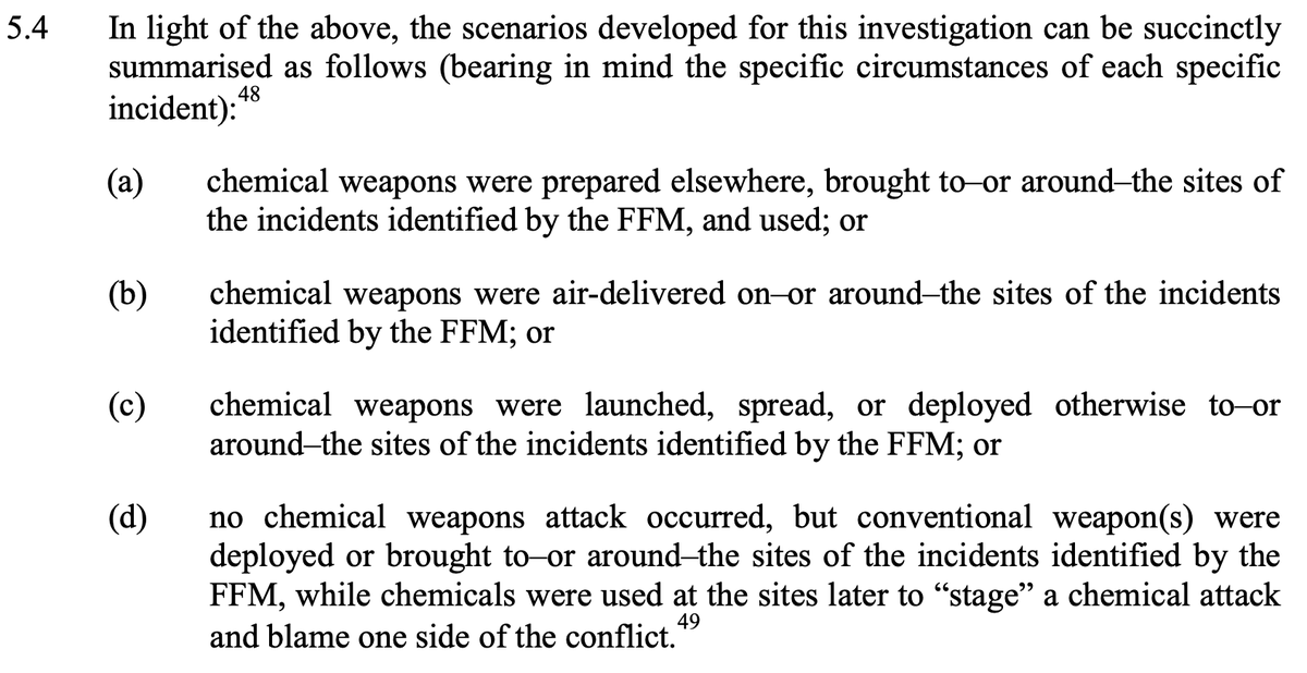 The OPCW IIT lists scenarios it considered as part of the investigation, including "false flag" type scenarios.