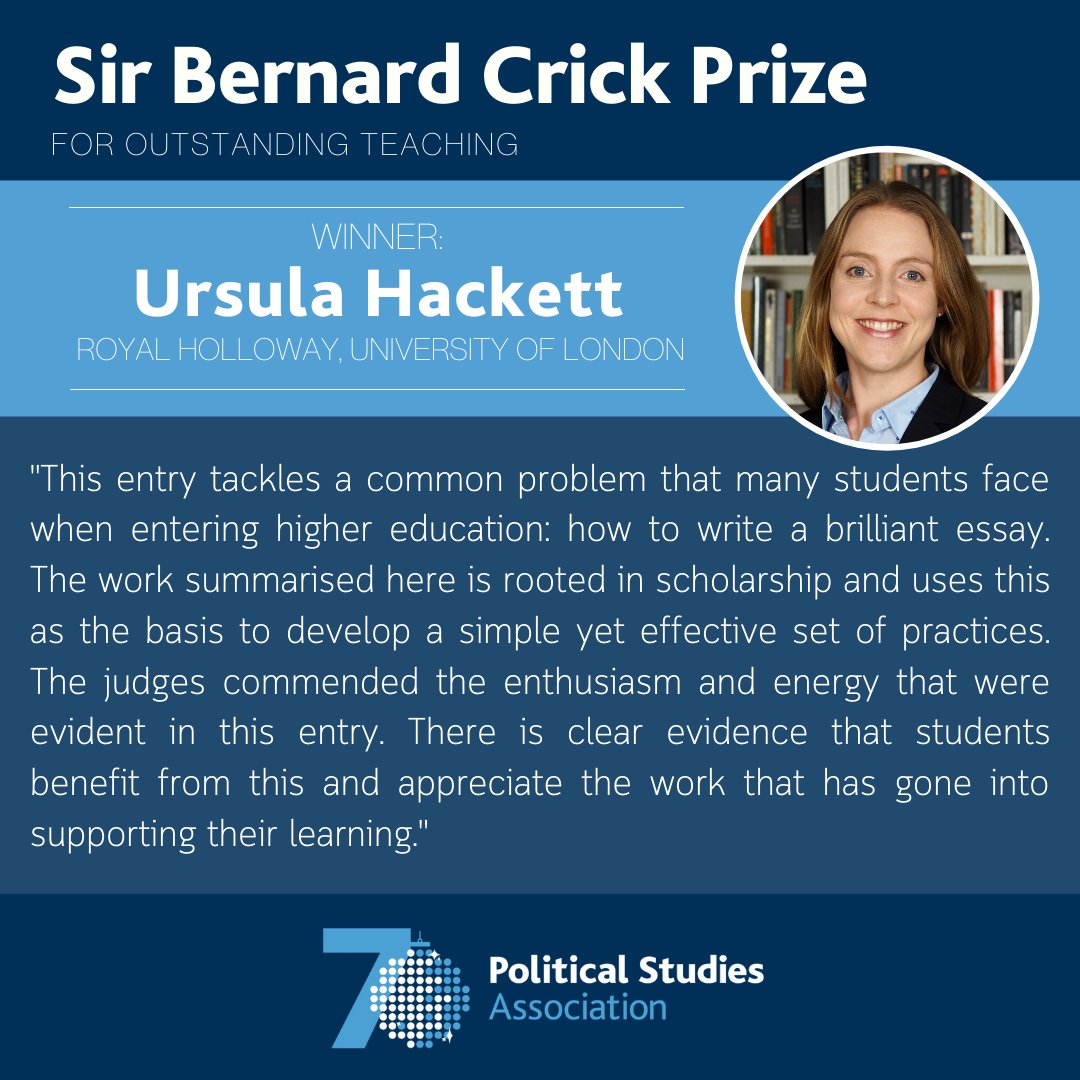 The Sir Bernard Crick Prize is awarded in recognition of outstanding teaching by a new entrant. This year's winner is Ursula Hackett (@UrsulaBHackett) for 'How To Write Brilliant Essays' (@Dr_Essays), Royal Holloway University of London (@RoyalHolloway + @rhulpir). 🏆

#PSAPrizes