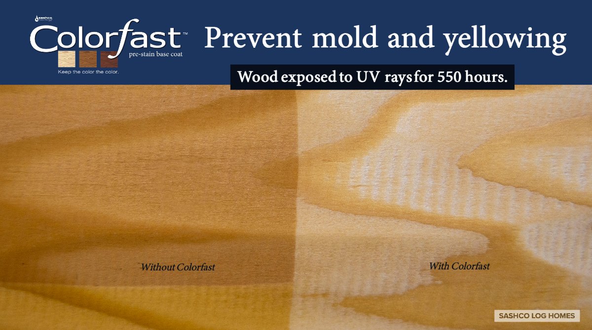 sashcologhomes's tweet photo. Colorfast is great as a log keeper coat. It prevents mold and yellowing due to UV damage on new wood as it moves from the mill to the job site and throughout construction. Contains both mildewcide and algaecide to help preserve the wood until it’s time to stain. https://t.co/S9hYAYBbaP