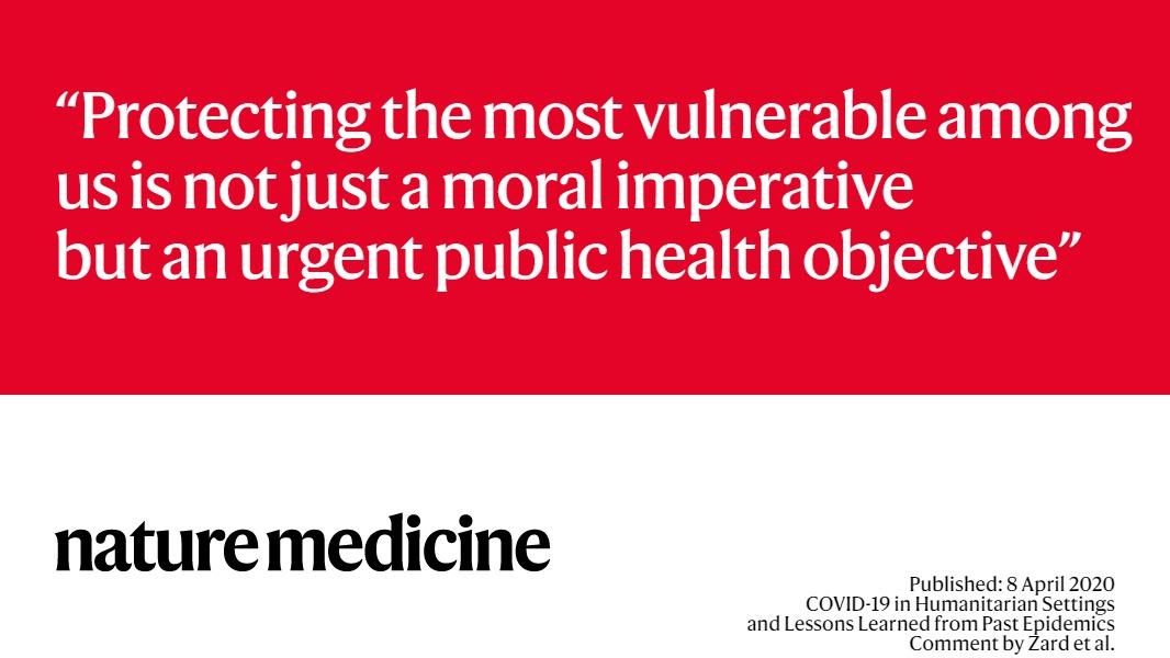 NatureMedicine's tweet photo. Displaced populations, including #refugees and migrants, are among the most vulnerable people during a #pandemic. Dealing with #COVID19 in humanitarian Settings. @PFMH_Columbia @ColumbiaPopFam  @Columbia @CGCAmman @CPCLearning @ColumbiaMSPH @Refugees https://t.co/N9zP8zhg9i https://t.co/tRD9YiEQG1