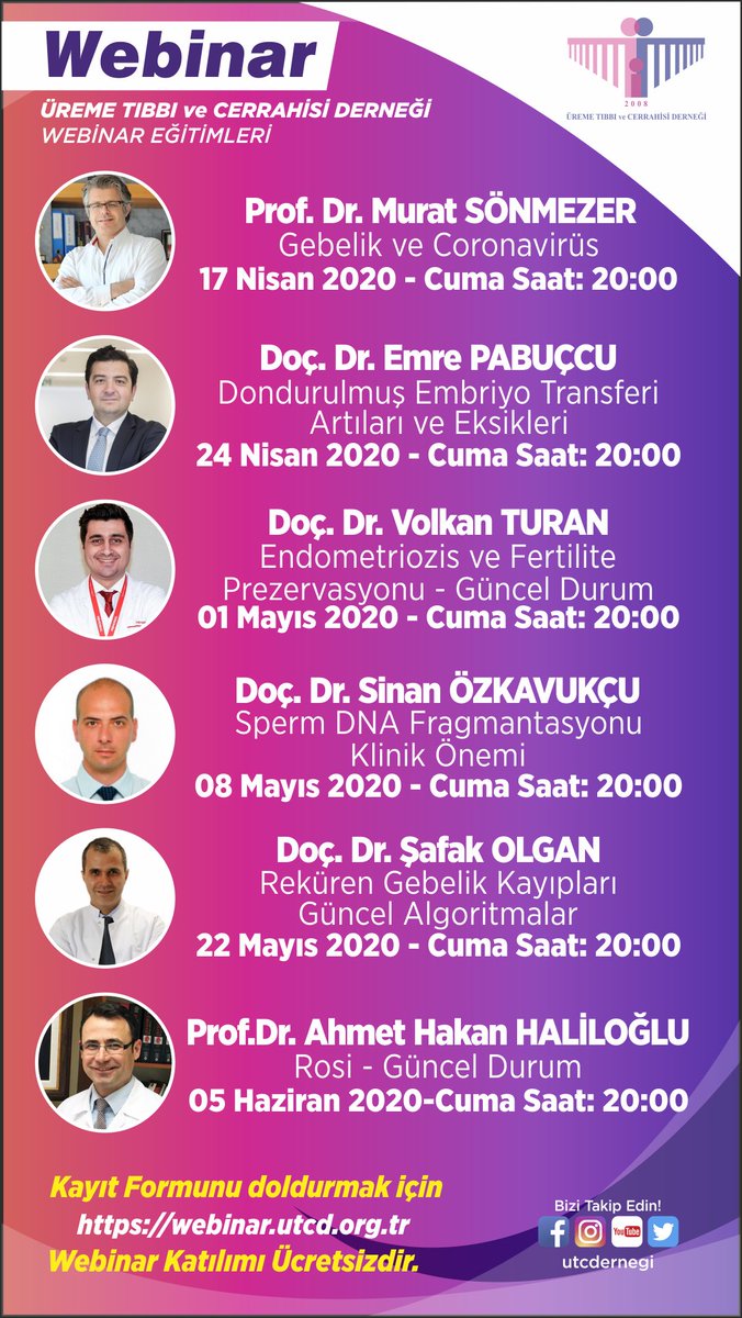 utcdernegi's tweet photo. Üreme Tıbbı ve Cerrahisi Derneği Webinarları Başlıyor...  
17 Nisan 2020 Cuma - Saat 20:00 https://t.co/qRf937xozf
