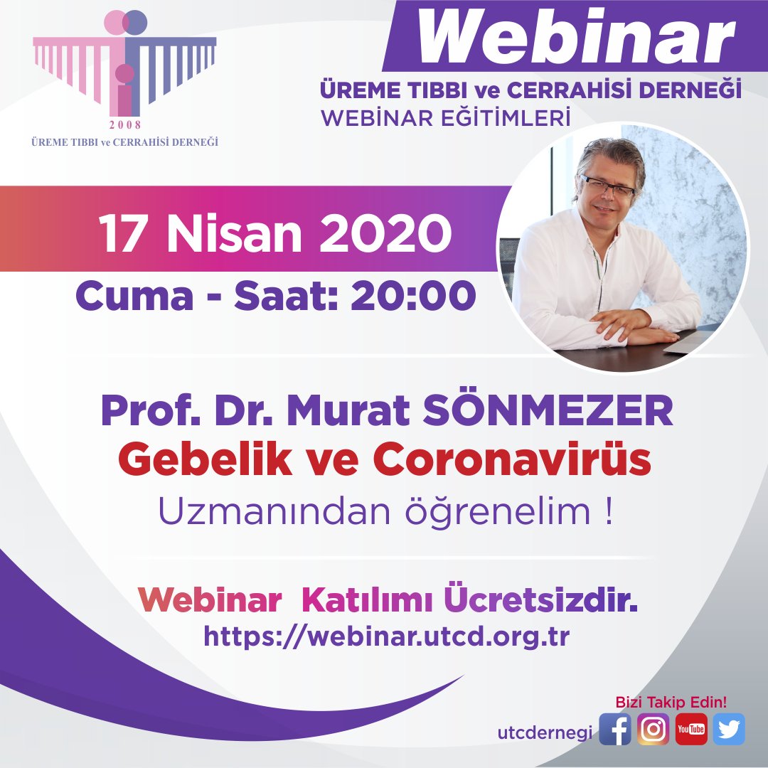 utcdernegi's tweet photo. Üreme Tıbbı ve Cerrahisi Derneği Webinarları Başlıyor...  
17 Nisan 2020 Cuma - Saat 20:00 https://t.co/qRf937xozf