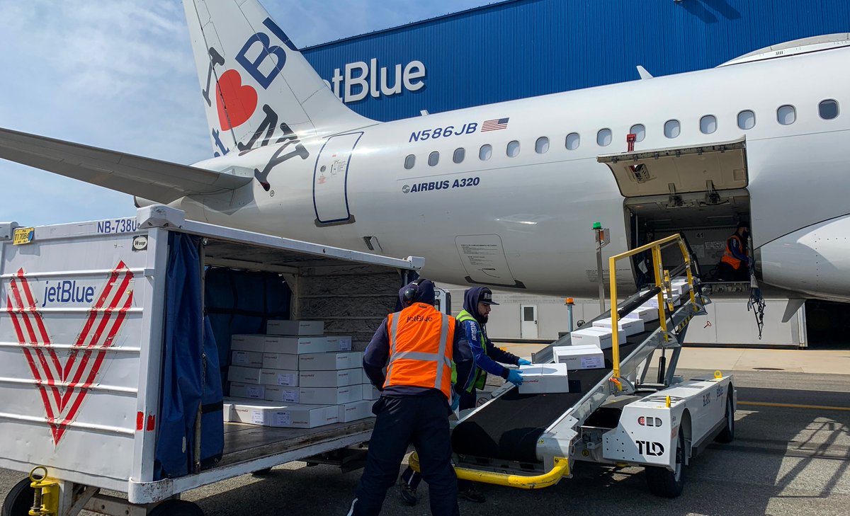 JetBlue's tweet photo. Yesterday, we filled flight 226 from Tampa with respiratory devices donated by @mercurymedintl, and flew them up to JFK for New York’s hospitals. As New York’s Hometown Airline, we are honored to help our city and state in the fight. https://t.co/lGyCE7PEtv