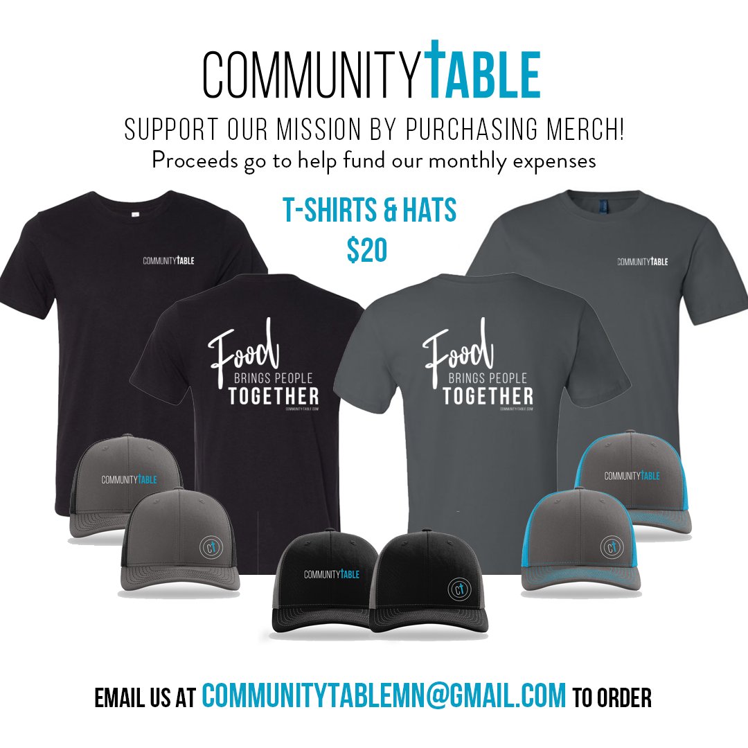 CommTableMN's tweet photo. Our meals might be postponed for a bit, but we still have merch! Email us at communitytablemn@gmail.com to order yours today! #communitytablemn https://t.co/bbAPcB8Mai
