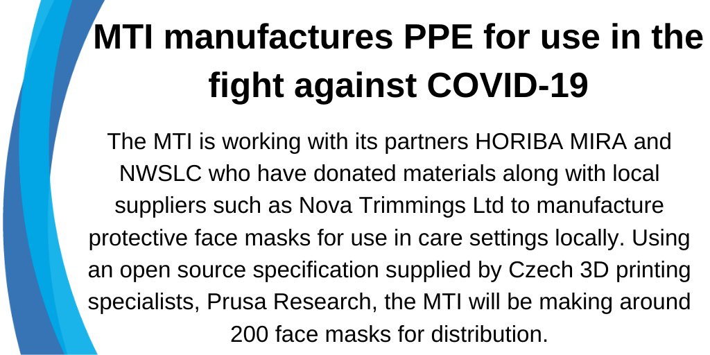 MTI_Tweets's tweet photo. We are extremely proud to announce that the MTI will be manufacturing face masks in the fight against #COVID-19. With support from @nwslc_official, @MIRAEngineering and @NovaTrimmings who have donated materials, MTI will be making around 200 face masks to distribute locally. https://t.co/bgP4sIyviF