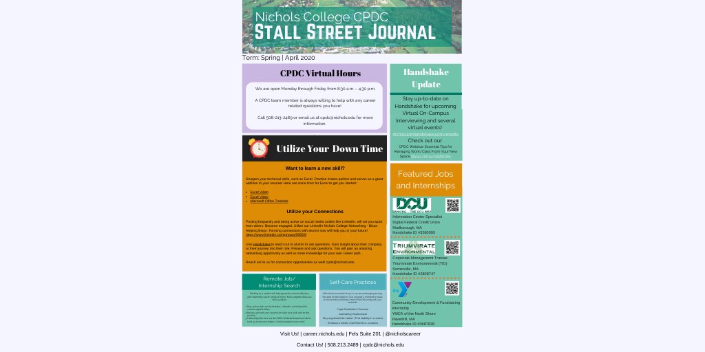 NicholsCareer's tweet photo. Check out our April Stall Street! Lots of great career-related information. 🍦💚
We are an email away and always ready to help from 8:30 am to 4:30 pm, Monday through Friday. Email cpdc@nichols.edu. @Nichols_College #careerdevelopment https://t.co/hGtjzby2rW
