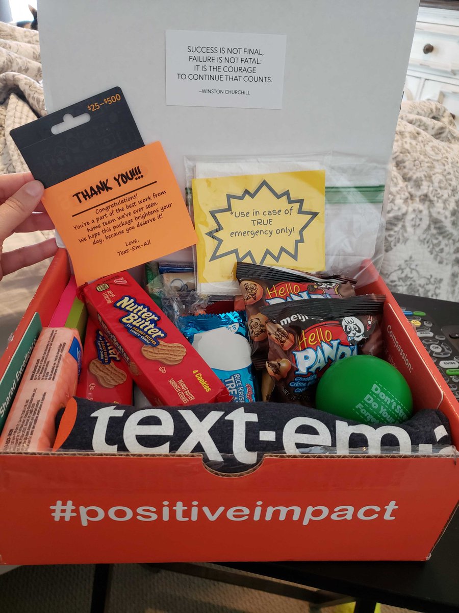 TextEmAll's tweet photo. What better way to say "thank you" to the best work from home team than to send a care package to every Call-Em-All employee? The best part is the emergency sheets of Toilet Paper! #positiveimpact #sharedexcellence https://t.co/YEnfHoMtsF