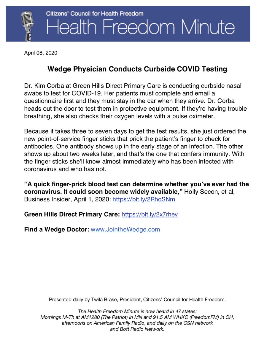 Wedge Physician Conducts Curbside COVID Testing | Listen to Today's HFM audio on CCHF's Homepage: cchfreedom.org