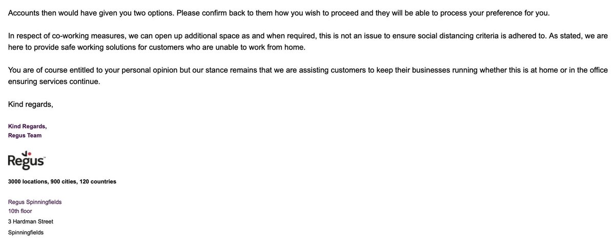 Here is my latest email to @iwg_plc, <a href="/RegusGlobal/">Regus</a> <a href="/Regus_UK/">Regus UK</a> <a href="/BasepointLtd/">BasepointCentres</a>, and the response <a href="/TheNorthernHive/">Northern Hive</a> received when saying they have been told to work from home. I have copied in those MP’s who I understand have been contacted about this by constituents! <a href="/joelycett/">Joe Lycett</a>
