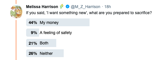 Looking at the results so far, it occurs to me that letting go of a feeling of safety may be scary, but it will be necessary if we truly want change to occur.