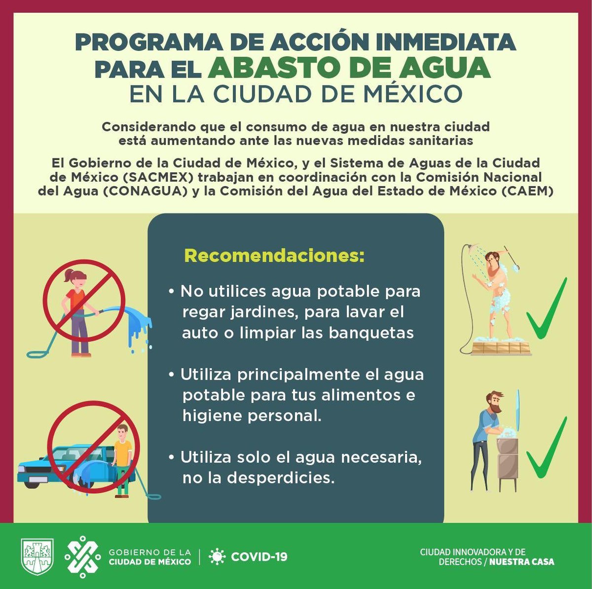 Recuerda que durante la contingencia por #COVID19 debemos cuidar el agua. Aquí te dejemos algunas recomendaciones importantes. No olvides esto: #QuedateEnCasaCMDX #SalvaVidas