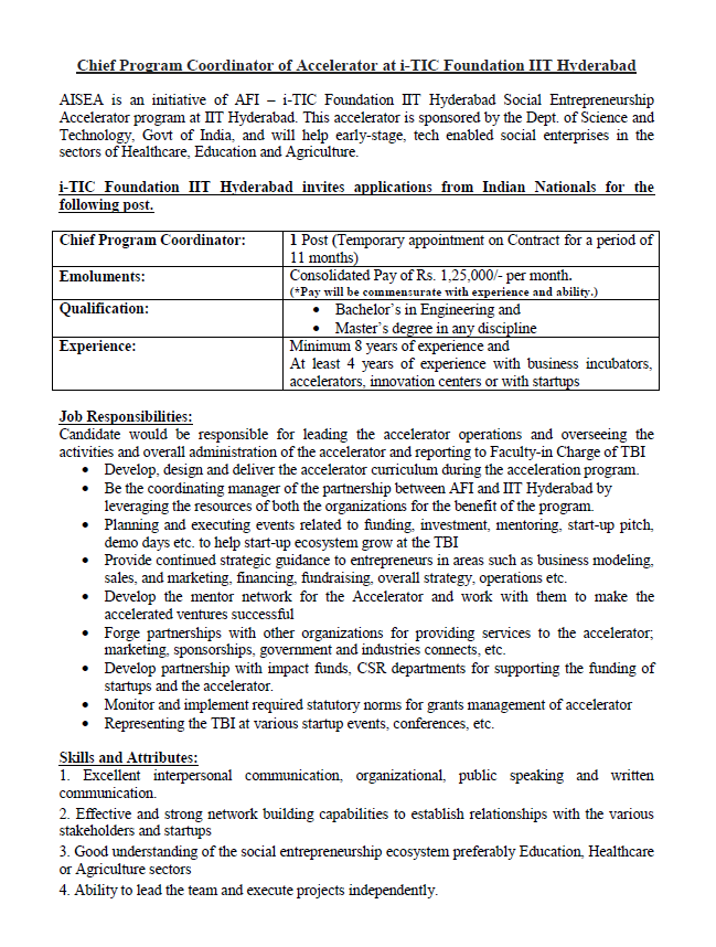 SomsStudio's tweet photo. Applications are invited for the position of Chief Program Coordinator of Accelerator (AISEA) at i-TIC Foundation IIT Hyderabad. https://t.co/4gj8akoPe9 #jobs #iit #accelerator https://t.co/g1iBhLWi3c