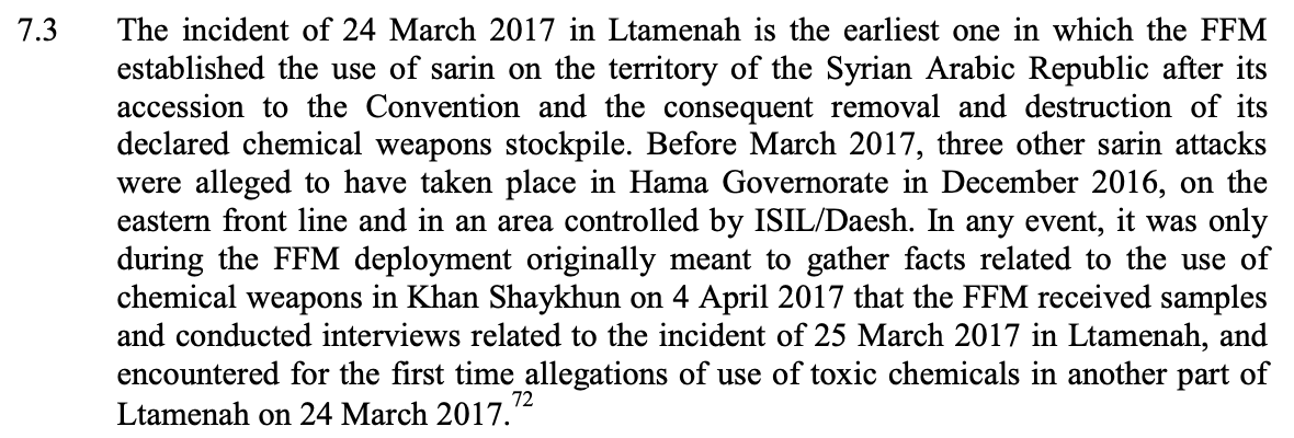 Onto the March 24th incident, one of the most interesting ones for me because there's no open source documentation of it. The OPCW IIT report states Sarin was used in the incident.