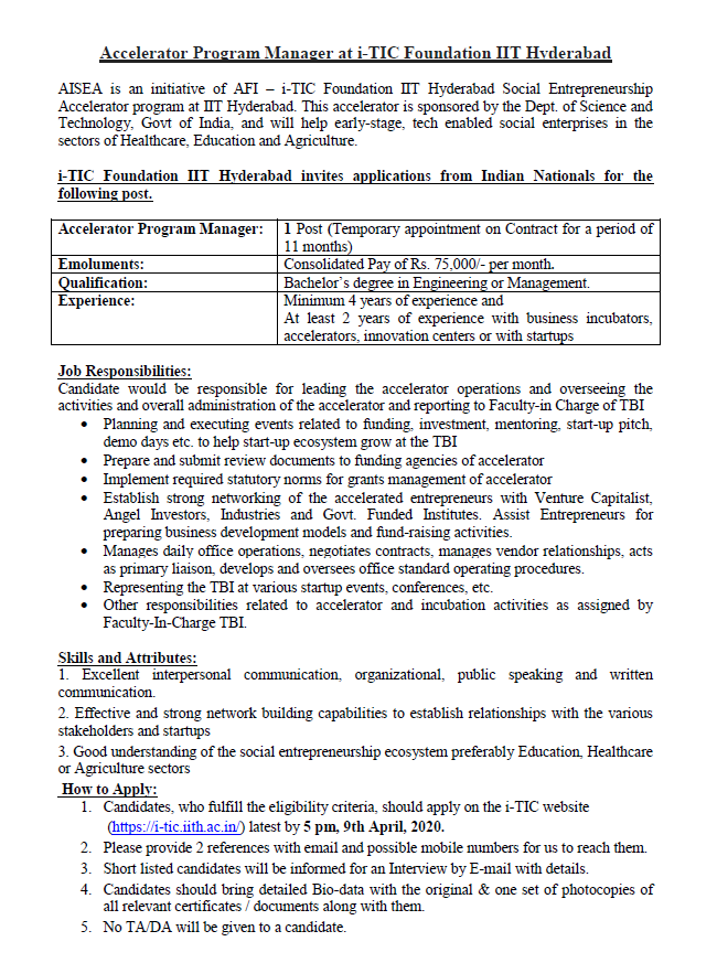 SomsStudio's tweet photo. Applications are invited for the position of Accelerator Program Manager of Accelerator (AISEA) at i-TIC Foundation IIT Hyderabad. https://t.co/4gj8akoPe9 #jobs #iit #accelerator https://t.co/aGtmjovmJt