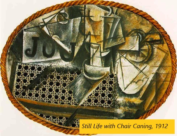 25/34 In “Still Life with Chair Caning”, Picasso has an actual rope on the edge of the painting, a print of chair caning (that brown material on the bottom left used in chairs), and painted a strange scene on top.It's a collage of 3 separate things and multiple pov