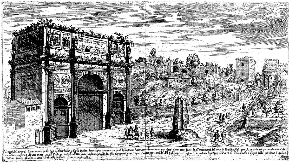 With the decline of Rome and destruction of the city's aqueducts, the Meta Sudans would have quickly fallen into disuse. The fountain was stripped of its marbles and even its brick core was gouged out for its internal piping – seen here in a 1575 engraving by Dupérac.  #LostRome