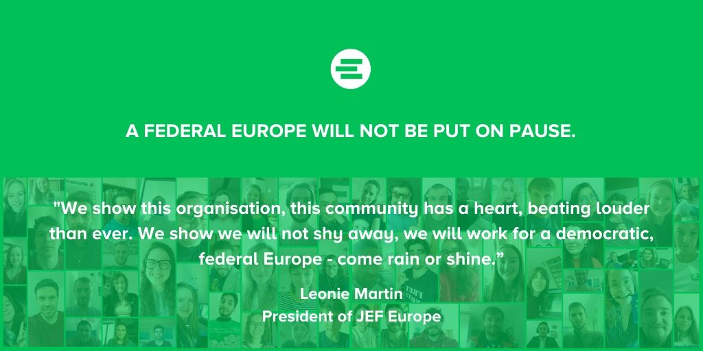 JEF_Europe's tweet photo. "We show this organisation, this community has a heart, beating louder than ever,โ said @leoniemartin90, President of @JEF_Europe, at the opening of #FConline2020. Read the full press release: https://t.co/2VKUS0T95k. #JEFspirit https://t.co/LKS2Wb6QUQ