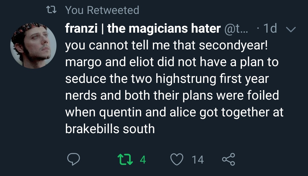 i am still thinking about this and the hilarity of that particular situation.like aloof, confident second year margo and eliot taking one look at the two cute nerds who just stumbled onto campus thinking they're gonna do what they always do... seduce them, have some