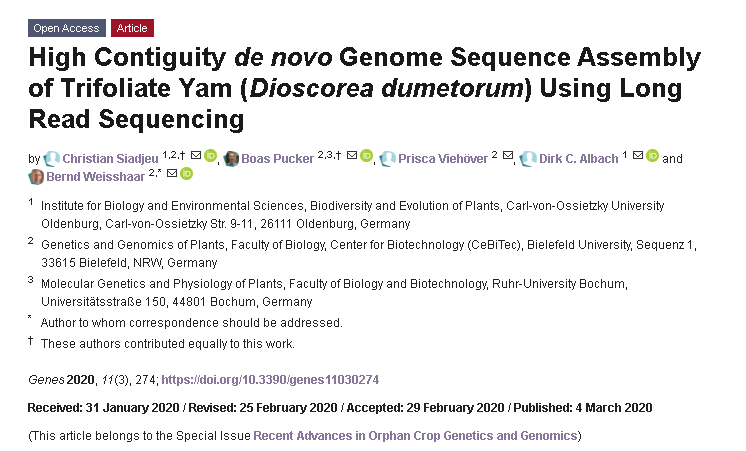 #MostViewed article in March: 'High Contiguity de novo #Genome Sequence Assembly of #TrifoliateYam (Dioscorea dumetorum) Using #LongReadSequencing'.
mdpi.com/2073-4425/11/3…