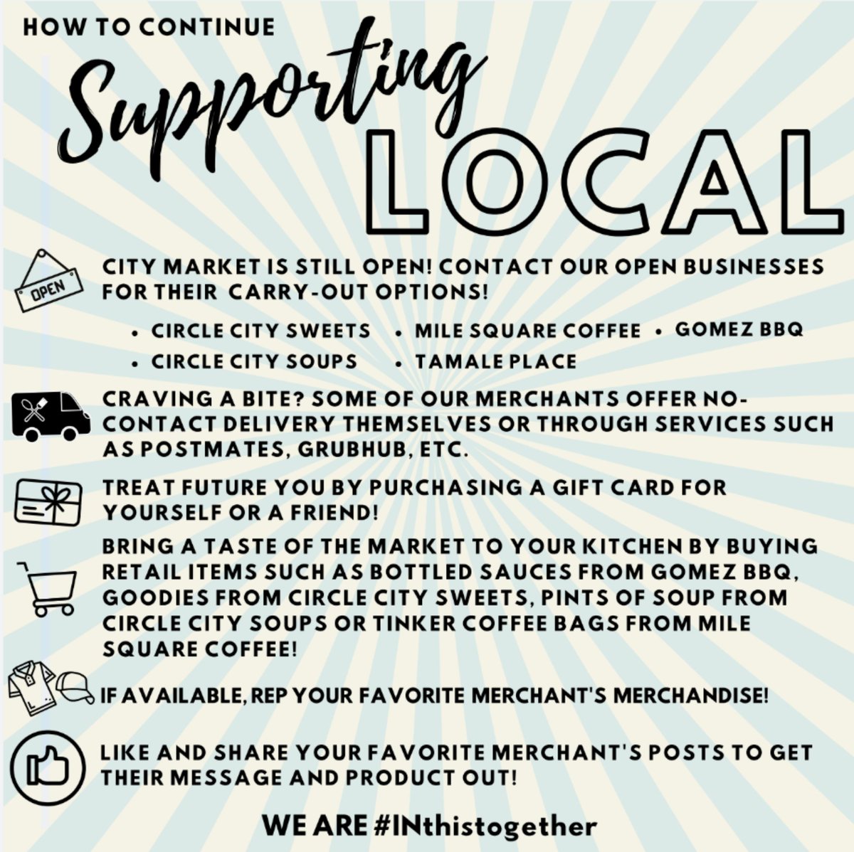 "Who's open at the City Market?"

We are glad you asked! Here's an updated list of the currently open businesses. Remember, the City Market is only open for carry-out/pick-up service. Delivery options vary. Thread below 👇