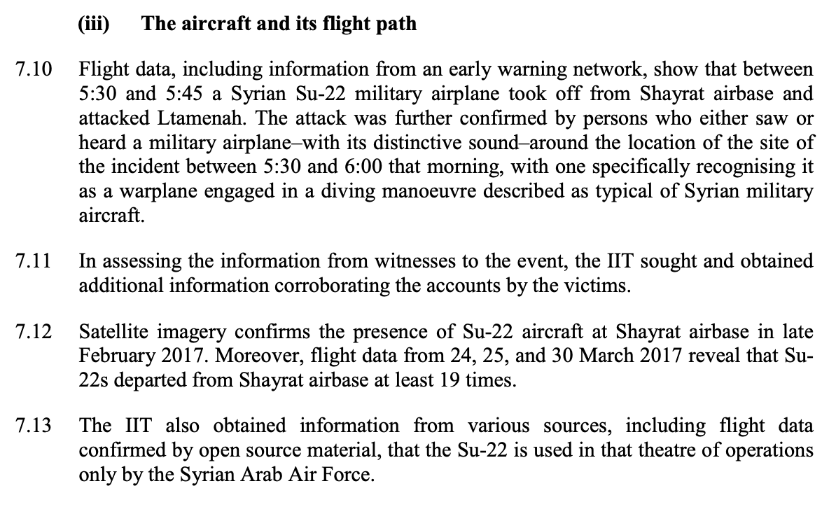 The OPCW IIT report uses flight data that shows a Syrian SU22 departed from Shayrat airbase on the morning of March 24th, just before the attack occurred. This is the same airbase the Khan Sheikhoun attack was launched from on April 4th.