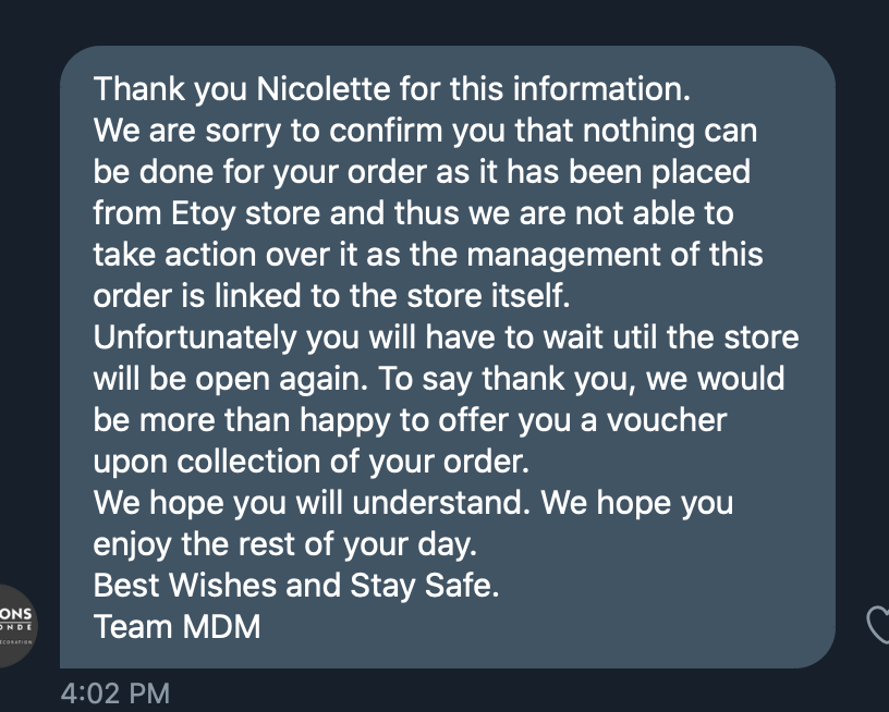 nibc281's tweet photo. @MDM_FR Abysmal customer service ' nothing we can do - you ordered in store' Wash hands of all responsibility. Money and product held hostage. https://t.co/LKt6L4irqI
