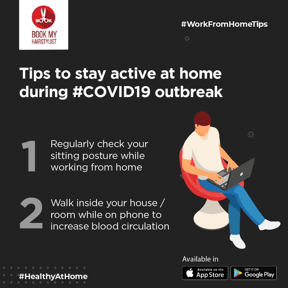 BMHStylist's tweet photo. Tips to stay active at home during #COVID19 outbreak

#WorkFromHomeTips #BeHealthy #HealthyAtHome #Stayfit #Positivevibes #BePositive #StayHealth #HealthyAtHome #BookMyHairStylist #BMHS #CoronaVirus #StayAtHome #StaySafe #SocialDistancing #QuarantineLife #StayHomeSaveLives https://t.co/LiZpoPKwsN
