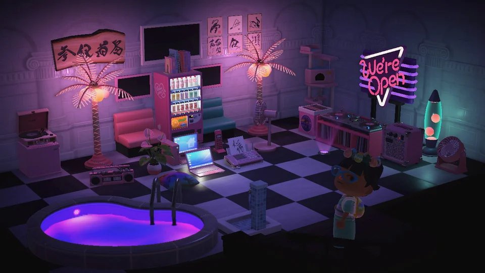 3. Envie de faire la fête dans une ambiance chill ? (Source :  https://www.reddit.com/r/AnimalCrossing/comments/fwwc4v/my_vaporwave_room_so_far_welcome_to_the_virtual/)