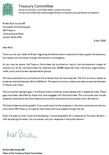 1/3 JUST PUBLISHED:  @MelJStride has written to  @RishiSunak urging him to set out what action he will take to help those who aren't eligible for the Treasury's support measures in response to  #coronavirus.