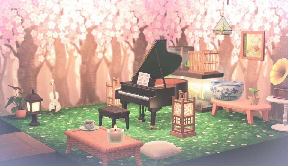 5. Envie de jouer du piano ? (Source :  https://www.reddit.com/r/AnimalCrossing/comments/fwuagx/designed_a_room_with_your_lie_in_april_vibes/)