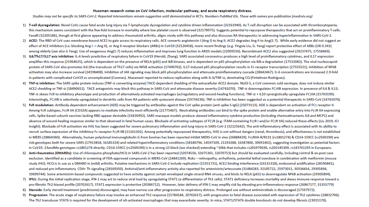 My impression remains that the most plausible way to blunt fatalities in  #SARSCoV2 ( #COVIDー19) is to focus on suppressing hyperinflammation along the IL-6/TNF-a axis. Distressing that a survey of ICUs indicates steroids being used first-line despite contrary evidence. My notes: