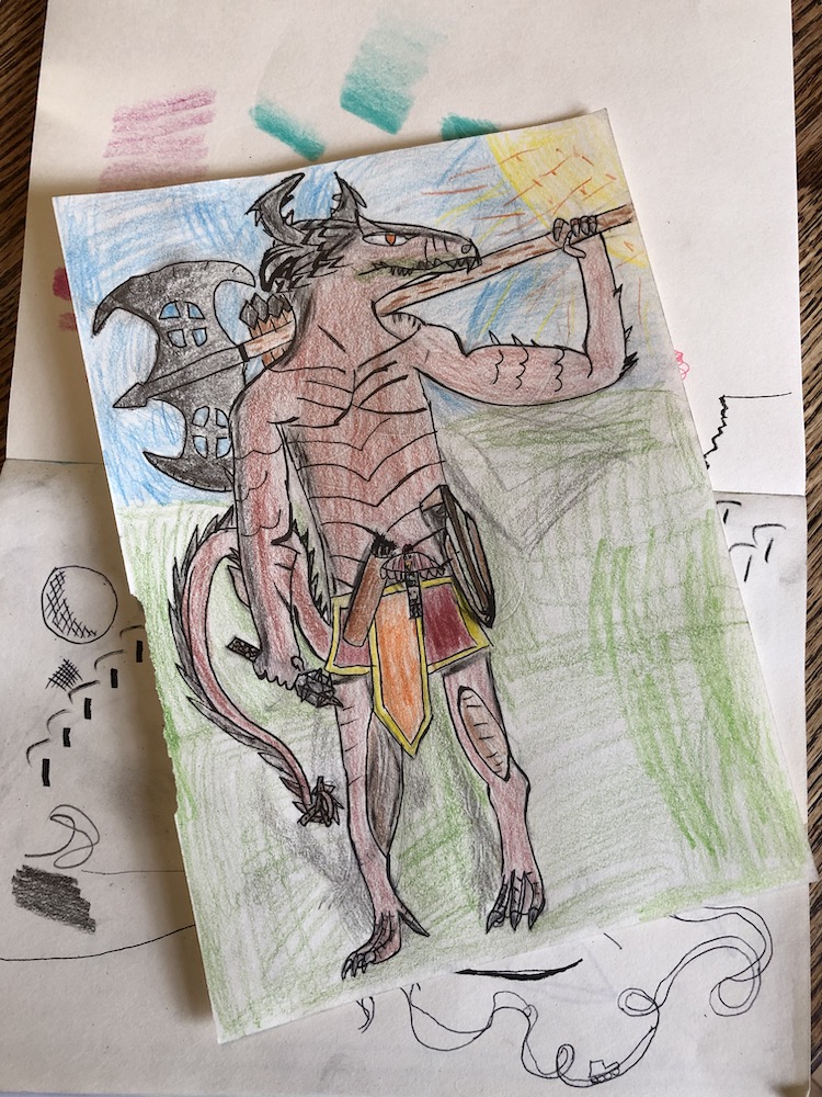 This is Coconut, the dragonborn barbarian. He is one of the characters in the D&D game we've been chronicling once a week on Imagine This,  @CJTR_Radio's new morning kids show. Coconut's adventures continue today at 9am. To catch you up, the story so far… /1