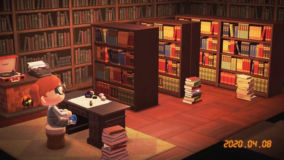 6. Une grande bibliothèque (Source :  https://www.reddit.com/r/AnimalCrossing/comments/fwnev3/i_bought_65_books_to_craft_this_room/)