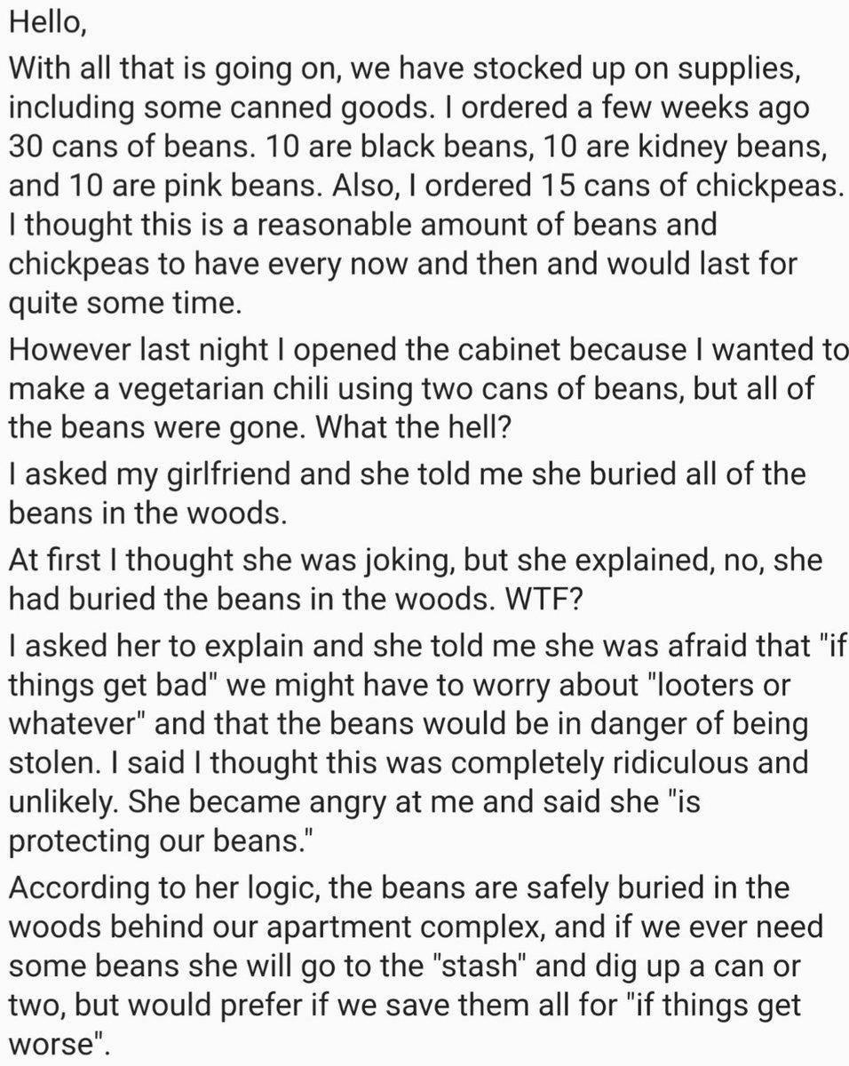 My (30 M) girlfriend (30 F) buried all of my beans in the woods and won't tell me where, causing a fight between us.