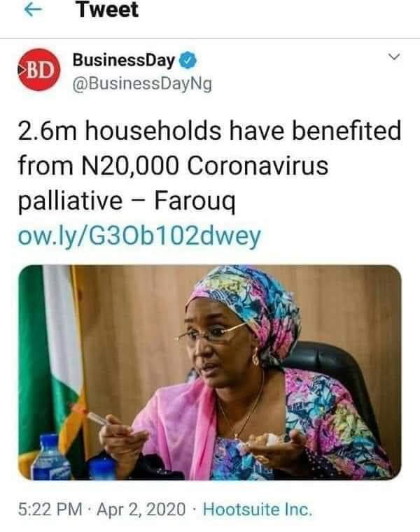 If the Federal Government claims that 2.6m households have benefited from the N20,000 palliatives, does that imply that 52 billion Naira was shared amongst Nigerians? I’ve been pondering on this to make sense of it.