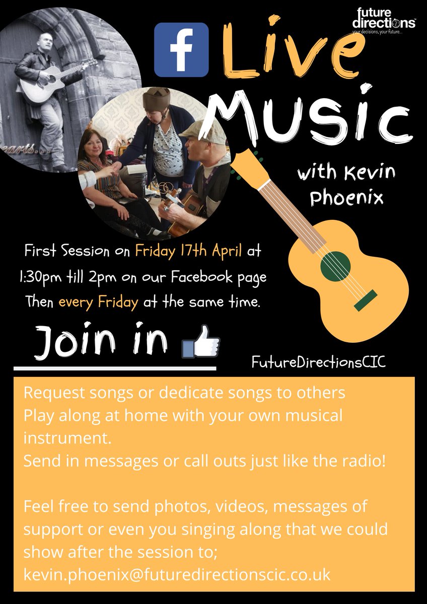 FDirectionsCIC's tweet photo. Live Music with Music Man Kevin begins Friday 17th April at 1:30pm as part of #FunTimeFridays! Visit our Facebook page on this date and then every Friday after. This is a chance to enjoy some music, dance and sing along from the comfort of your own home! ๐ธ๐ผ #BeAdaptable https://t.co/MqcVmWgz3I